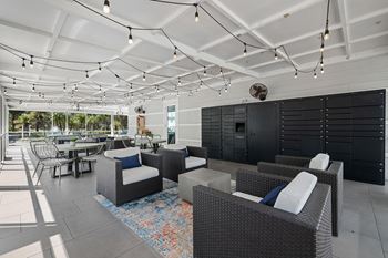 Outdoor patio with ping pong and lounge seating
